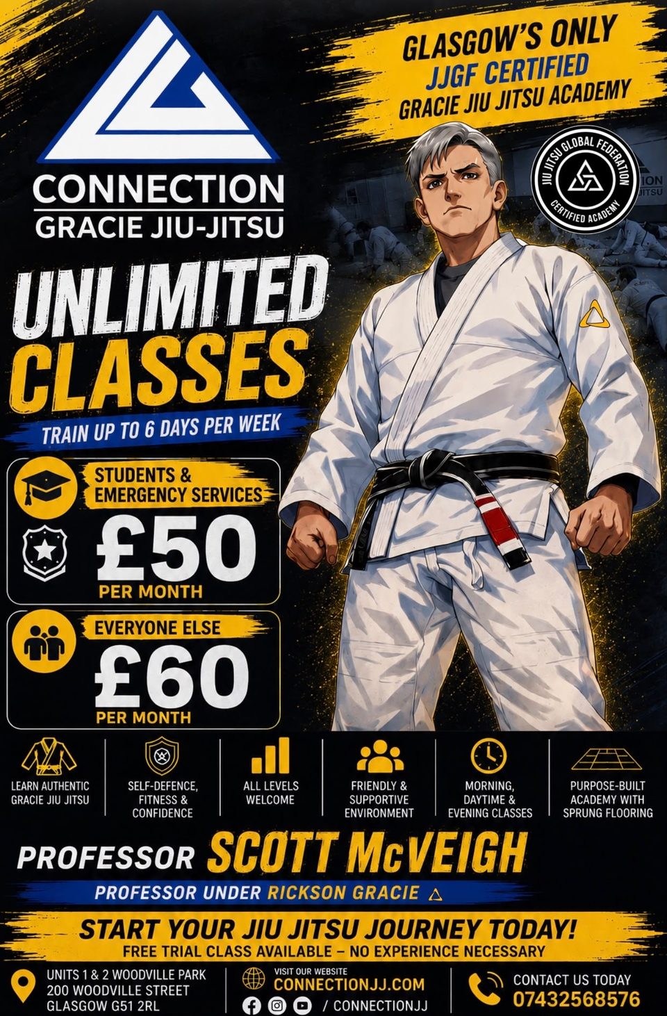 Connection Gracie Jiu-Jitsu membership offer - unlimited classes £60 per month, £50 for students and emergency services